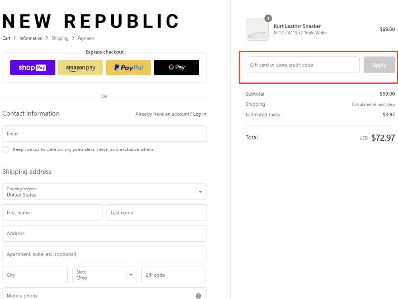New Republic Discount Code Checkout Page