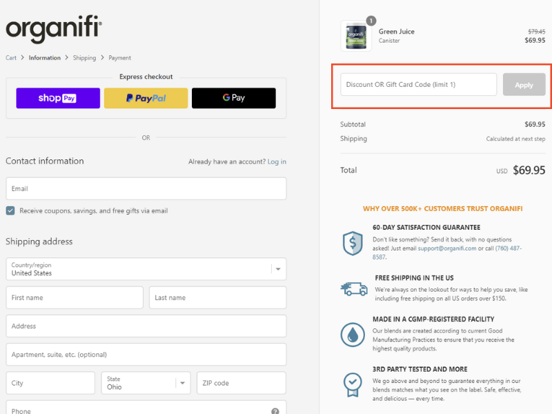 Organifi Discount Codes Checkout Page