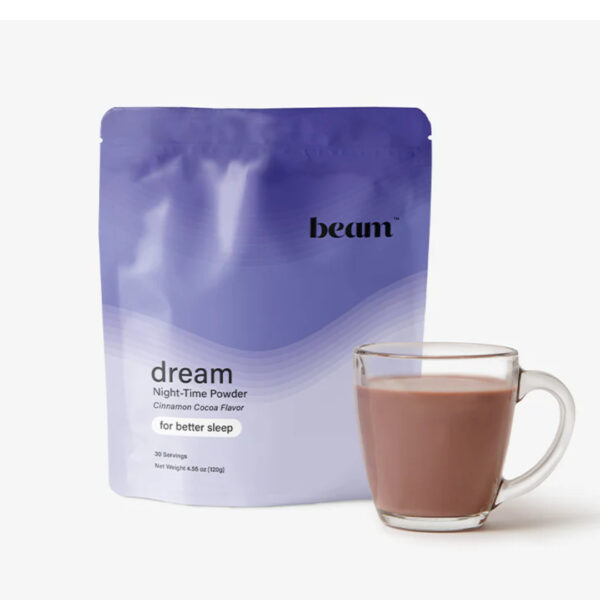 Beam dream powder in a mug Infront of the bag it comes in