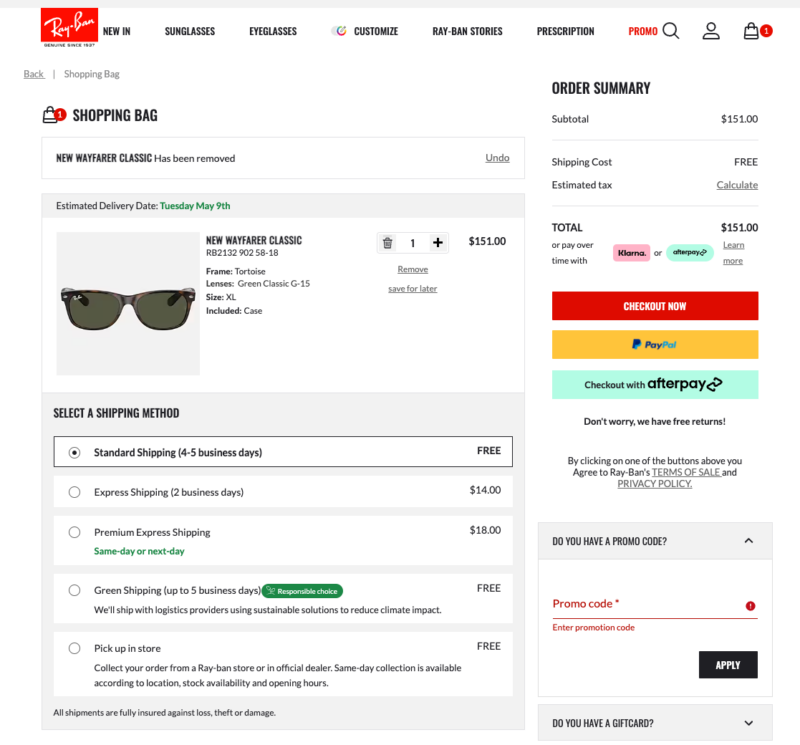 Price of ray bans buying direct compared to buying from Glasses USA