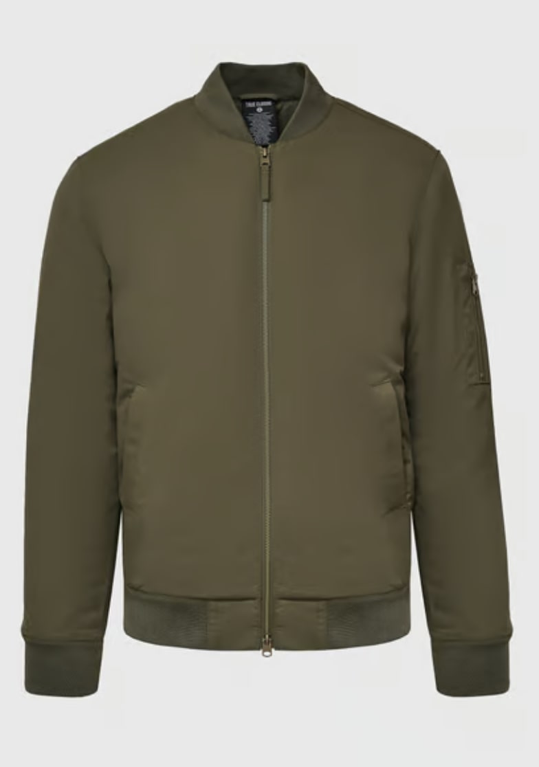 Army green bomber jacket with high-contrast orange lining and brass zippers