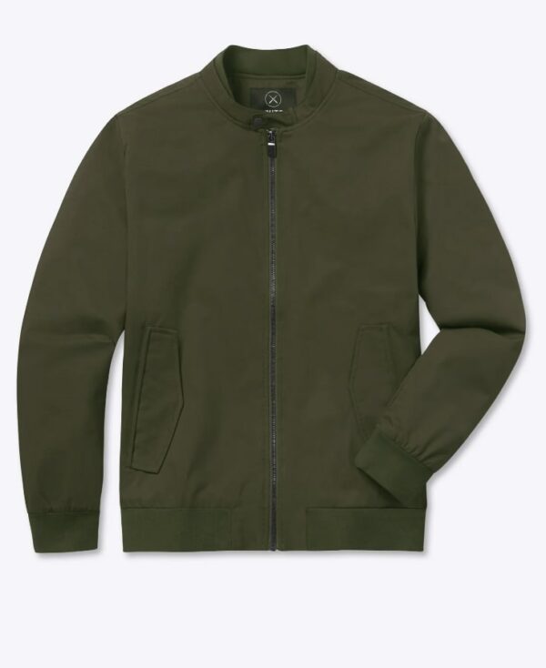 Dark green bomber jacket with snap-tap closure and metal zipper