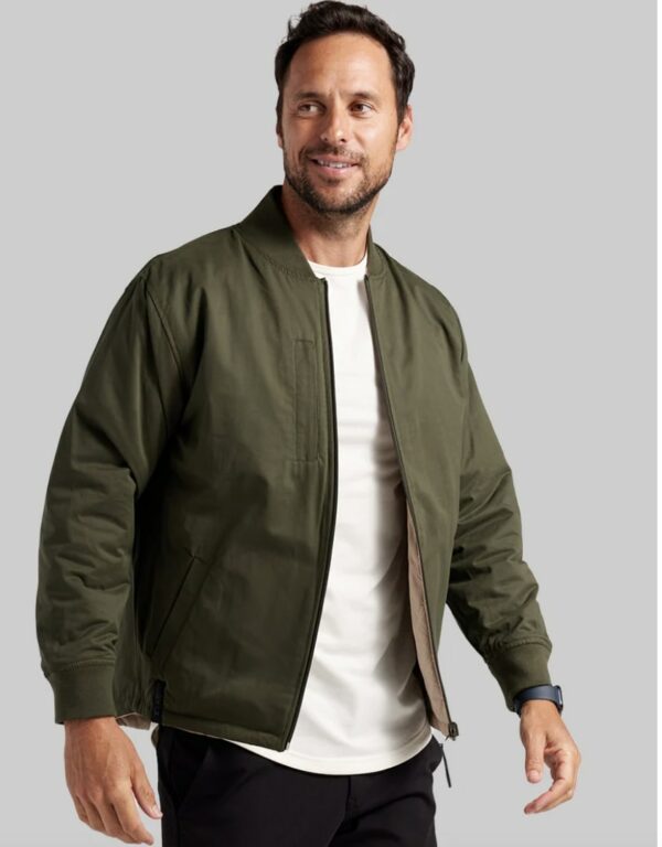 Dark olive and sand reversible hi-lo bomber jacket with quilted pattern on one side