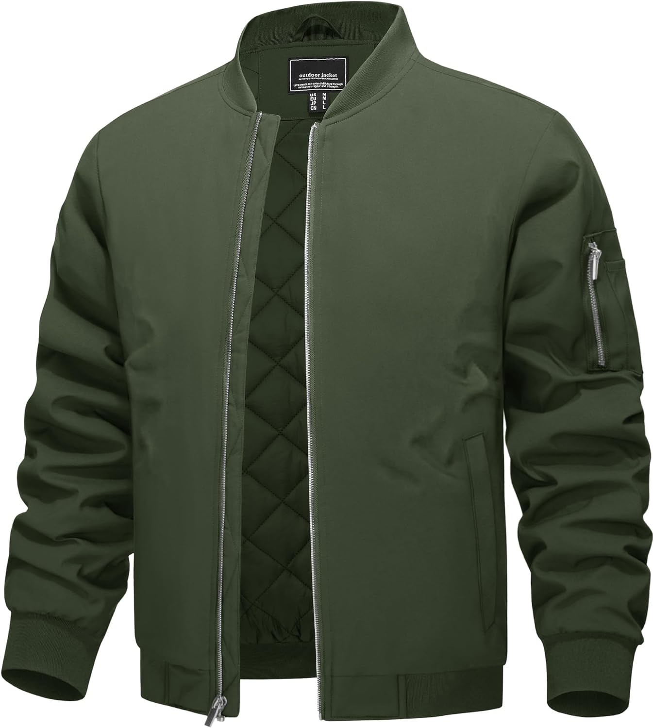 Army green thermal quilted bomber jacket with zippered pocket on the left arm