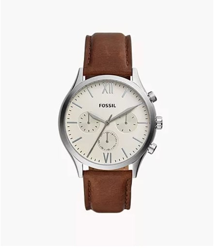 Men's Fossil watch with brown leather strap and stainless-steel case