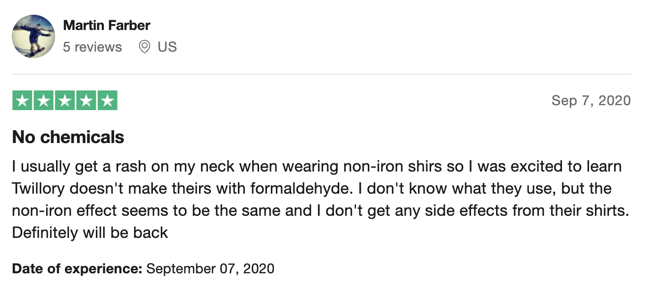 Twillory Customer Testimonial about non-iron shirts