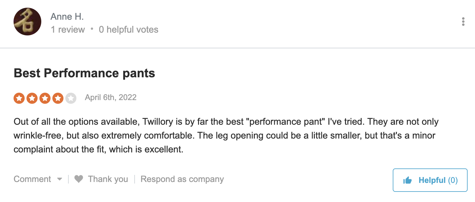 Twillory performance pants customer testimonial